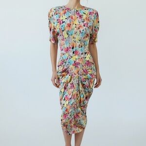Vintage Just For Wraps California Abstract Watercolor Print Ruched Midi Dress